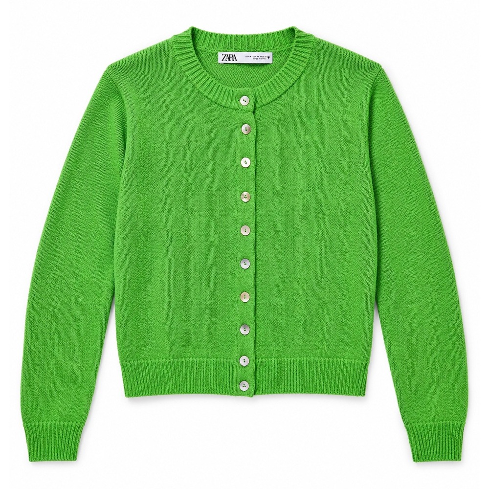 NWT ZARA Bright Green Knit Button Down Crewneck Cardigan Sweater Medium